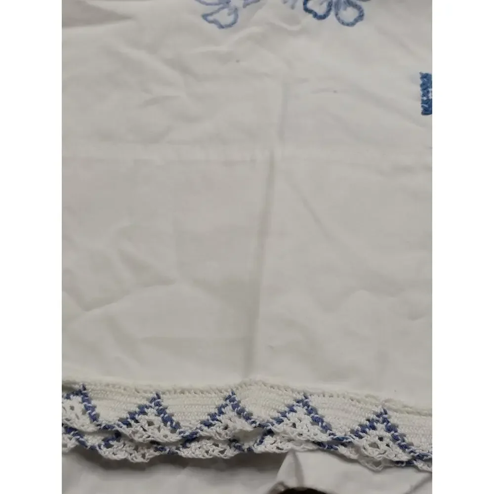 Vintage Embroidered His and Hers Pillowcases Blue Floral Crochet Trim Pair Set